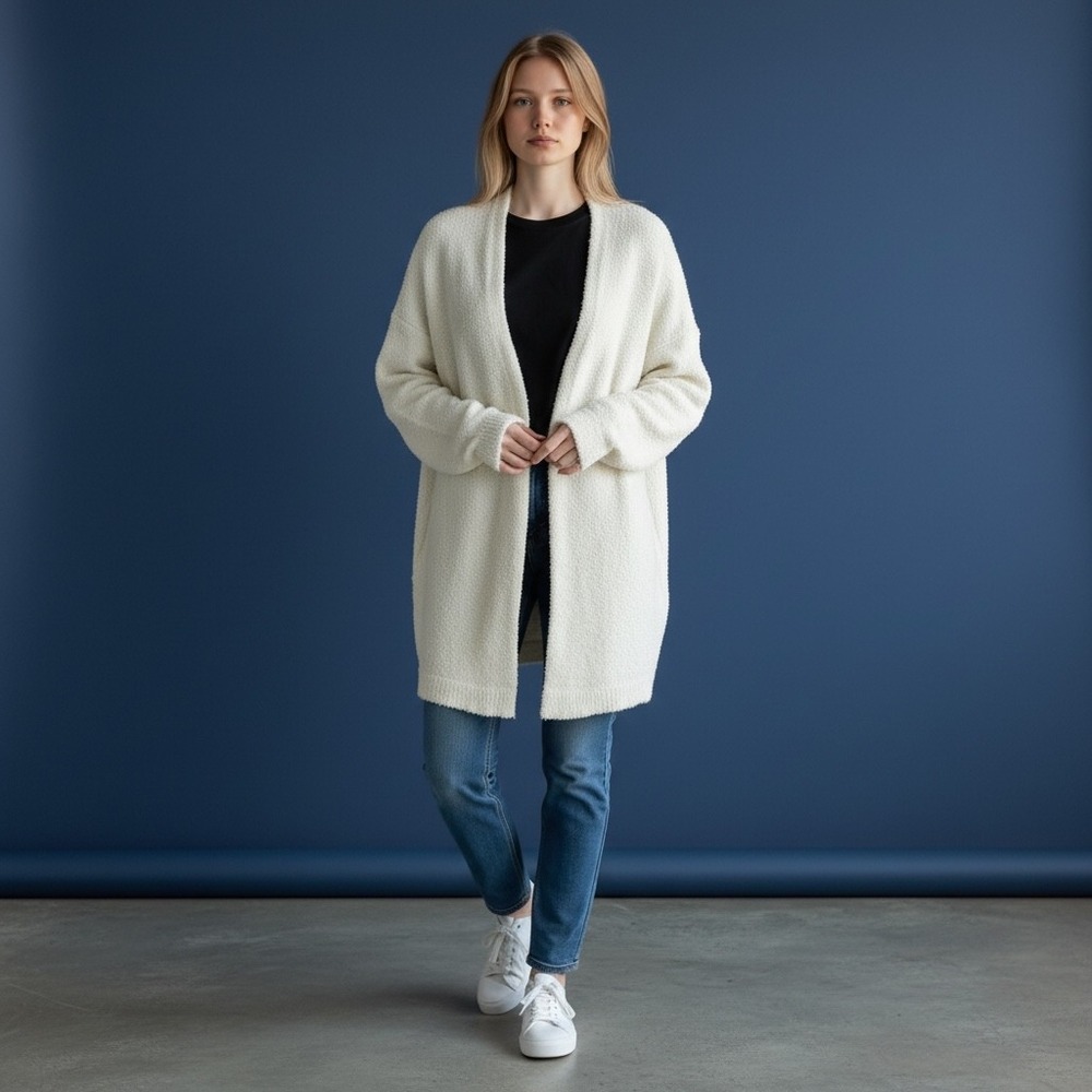 Blakeley Womens Cream Popcorn Knit Thunderbird Graphic Longline Cardigan‎ PS - Picture 3 of 9
